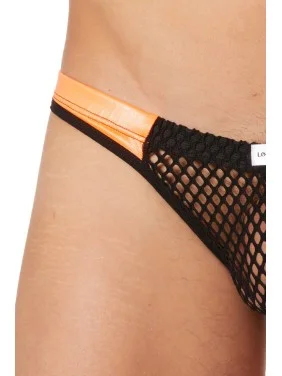 String noir filet avec bandes simili cuir oranges - LM911-57MBKO