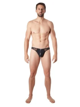 String noir sexy maille transparente et bande style cuir - LM807-57BLK