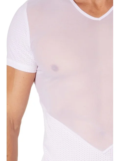 T-shirt blanc finement ajouré et transparence - LM905-81WHT