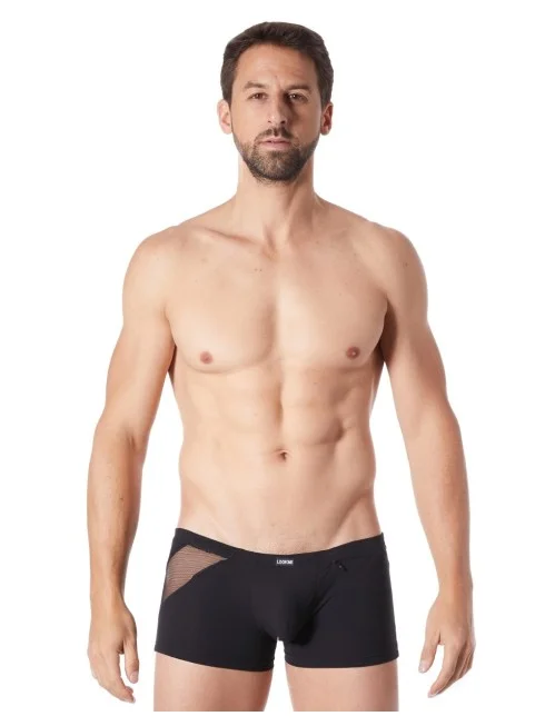 Boxer noir sexy avec bandes fine résille et déco zippée - LM808-67BLK
