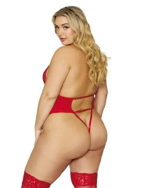 Body ouvert à l'entrejambe avec porte-jarretelles rouge grande taille - DG12670XRED