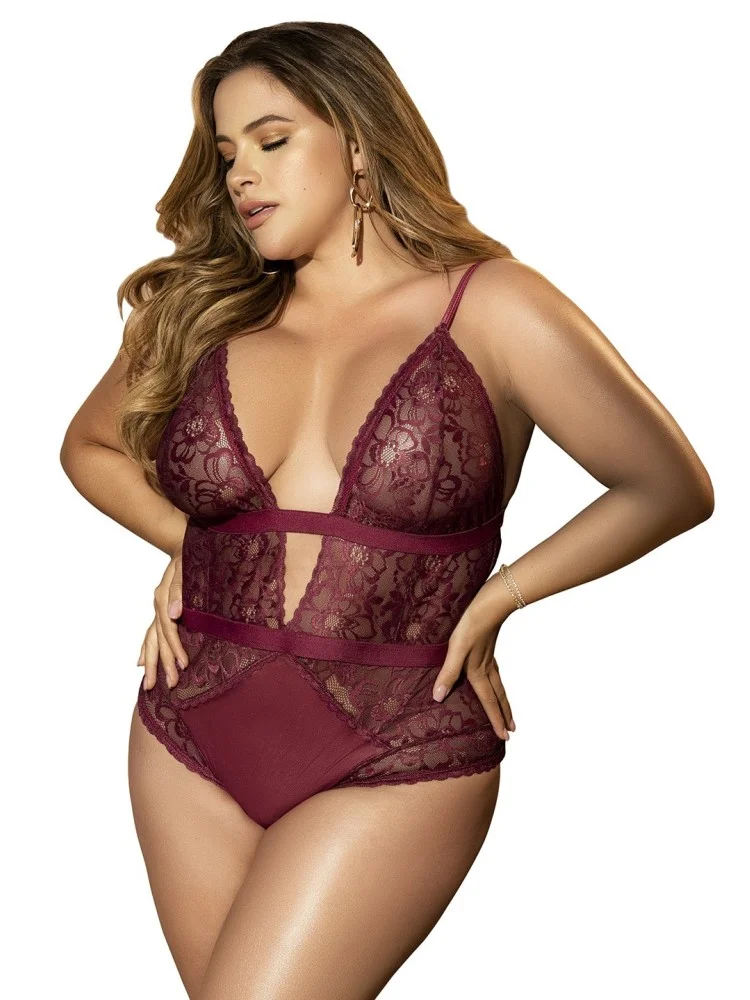 Body grande taille couleur prune en dentelle - MAL8654XBUR