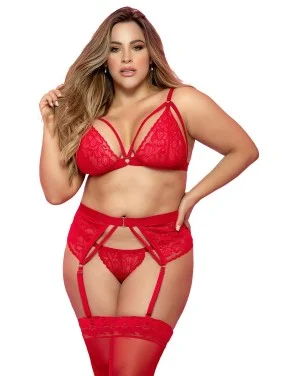 Ensemble, grande taille, trois pièces en dentelle rouge - MAL8561XRED