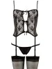 Guêpière noire porte-jarretelles avec culotte en résille et bas inclus - R206695