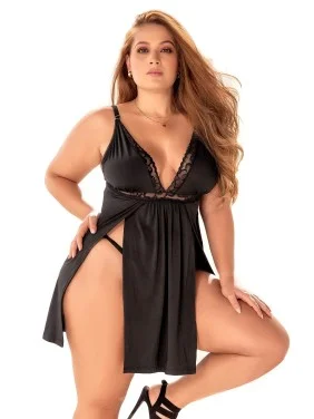 Nuisette, grande taille, noire semi ouverte sur les côtés - MAL7341XBLK