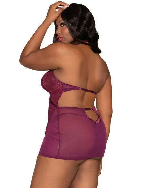 Nuisette grande taille en dentelle et résille, string assorti - DG12446XMUL