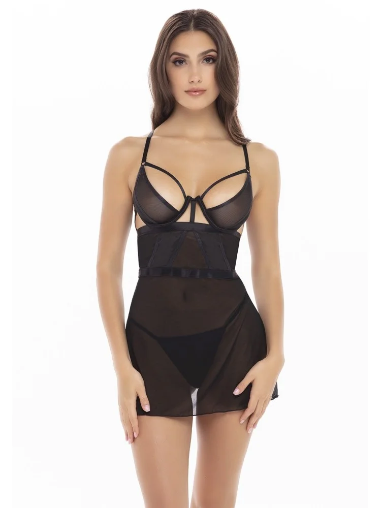 Nuisette résille noire aves string assorti - REN51013-BLK
