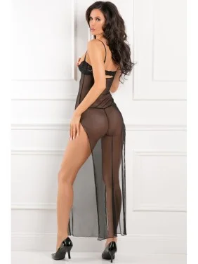 Nuisette longue fendue transparente avec soutien-gorge seins nus - REN51003-BLK