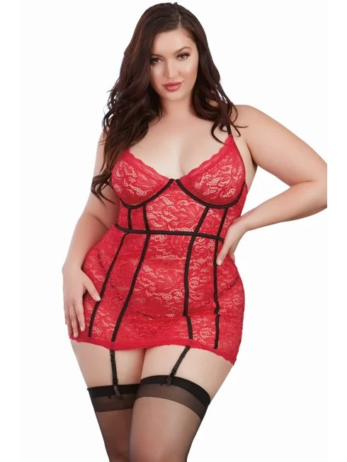 Guêpière rouge rubis grande taille dentelle avec armatures - DG11462XRUB