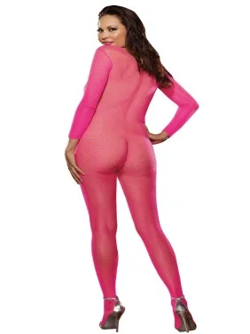 Bodystocking rose fluo résille grande taille ouvert à l'entre-jambes - DG0015XHPK