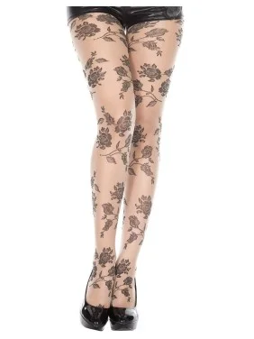 Collant chair fantaisie et fleurs noires - MH7095NUB