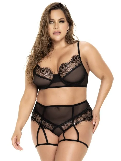 Ensemble 2 pièces noir grande taille, Soutien gorge et culotte porte jarretelles - MAL8706XBLK